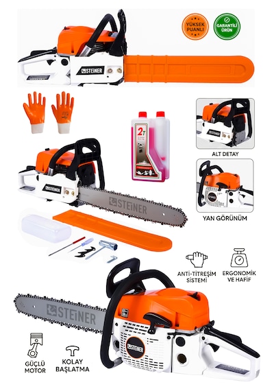 Steiner 2.1 Kw Turbo-5200 Profesyonel 2.8 Hp Çift Egzoz 52cc Ağaç Odun Dal Kesme Benzinli Testere Hızar Makinesi 50cm