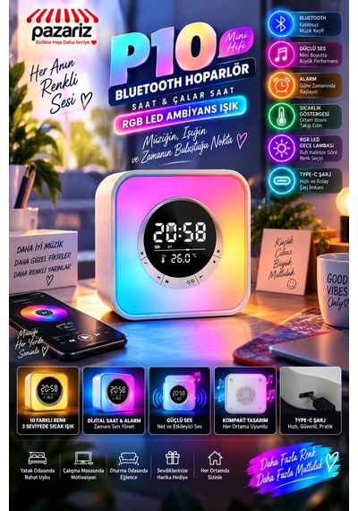 Rgb Led Bluetooth Hoparlörlü Dijital Masa Saati, Çalar Saat, Gece Lambası, Termometre, Ambiyans Işığı Ve Kablosuz Şarj Destekli Çok Fonksiyonlu Akıllı Saat P10 Rgb Led Bluetooth Hoparlörlü Dijital Masa Saati, Çalar Saat, Gece Lambası, Termometre, Ambiyans Işığı Ve Kablosuz Şarj Destekli Çok Fonksiyonlu Akıllı Saat P10
