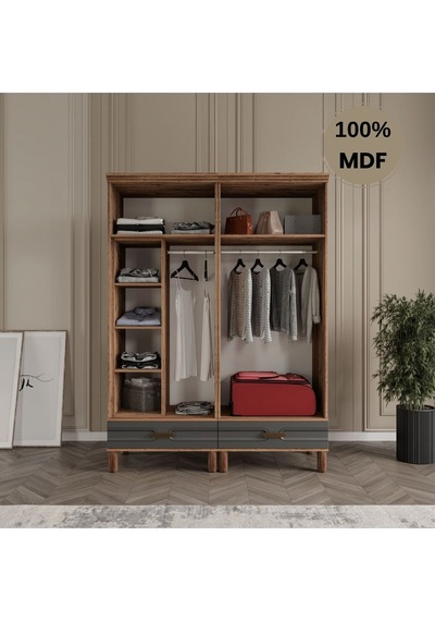 Zen 4 Kapak Ayaklı Tasarım Country Mdf Gardırop Antrasit