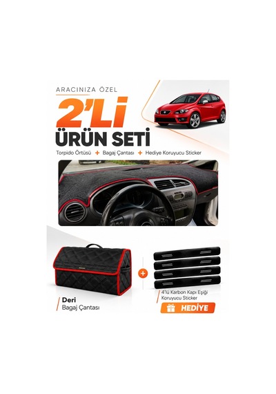 Seat Leon 2005-2012 Uyumlu Torpido Örtüsü + Deri Bagaj Çantası + Sticker Seti - Siyah Kırmızı