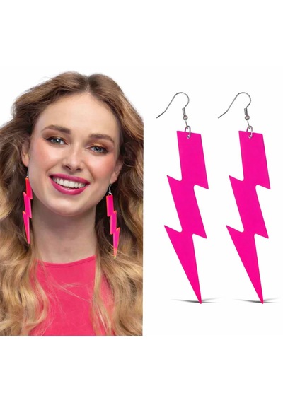 80 Ler 90&amp Apos Lar Retro Neon Pembe Şimşek Küpe 10 Cm 4801