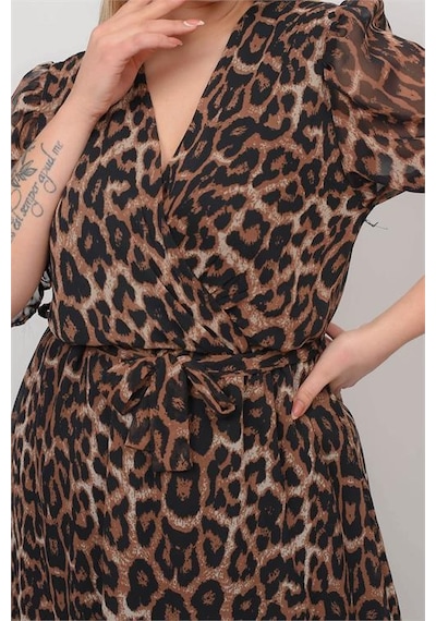 Neşeli Butik Kadın Kruvaze Yaka Midi Boy Büyük Beden Leopar Desenli Şifon Elbise Nb80622 Siyah