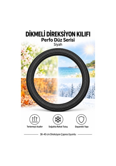 Trobus Volkswagen Taigo 2021-2025 Uyumlu Dikmeli Direksiyon Kılıfı Perfo Düz Delikli Deri Siyah