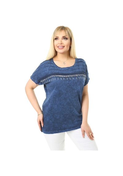 Mia Butik Büyük Beden Lacivert Omuzları Taş Detaylı Bluz-1060 Lacivert