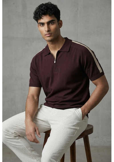 Jeus Erkek Yakalı Fermuarlı Triko Bordo Tshirt