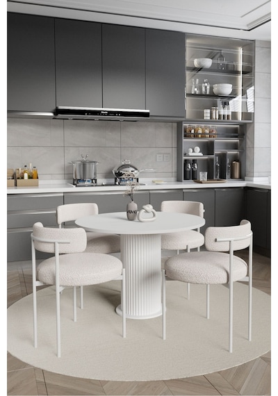 Avvio Tian Ptt Lake Mdf Ayak 4'lü Teddy Sandalye 90x90 Masa Sandalye Takımı Sandalye Bukle Kumaş Beyaz