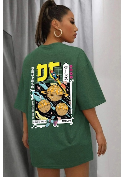 Unisex Tokoyaki Baskılı T-shirt Yeşil