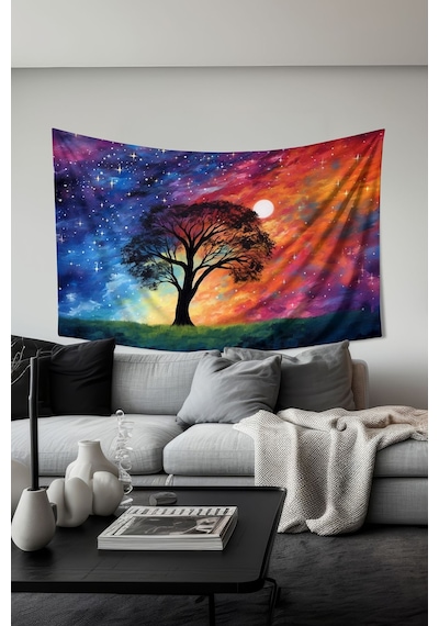 Kozmik Renkli Ağaç Desenli Duvar Halısı Duvar Örtüsü Tapestry Süet Dokulu Kumaş