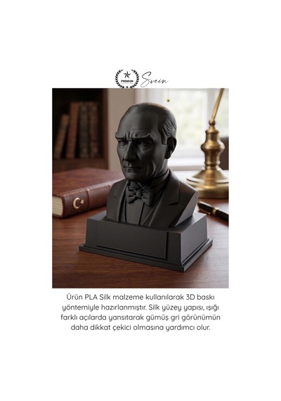 Atatürk Mustafa Kemal Atatürk Büstü 3d Baskı Dekorasyon Biblo Siyah Premium Tasarım Şık Obje Ev Ofi