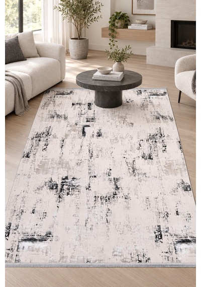 Okyaz Krem Gri Salon Oturma Odası Koridor Halısı Robot Süpürge Uyumlu Kolay Temizlenebilir Polyester İnce Modern Halı Krem/gri