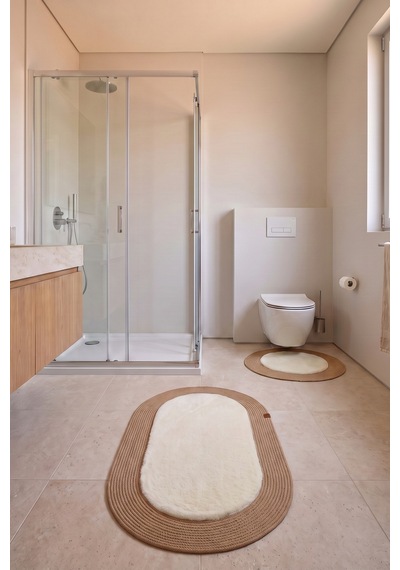 Banyo Paspası Takımı 60x100+60x60 Cm Düz Bej & Camel