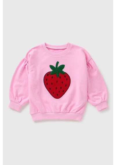 Kız Çocuk Bisiklet Yaka Uzun Kollu Pembe Çilek Desenli Rahat Kalıp Sweatshirt - Kız Çocuk Sweatshirt Pembe