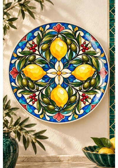 Dekoratif Duvar Tabağı Limonlu Vitray Bahçesi Dekorlu Seramik Tabak Kırmızı