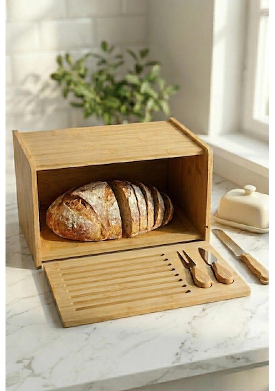 Doğal Bambu Kapaklı Ekmek Kutusu & Doğal Bambu Ekmek Dolabı 23x38x20 Cm Çok Renkli