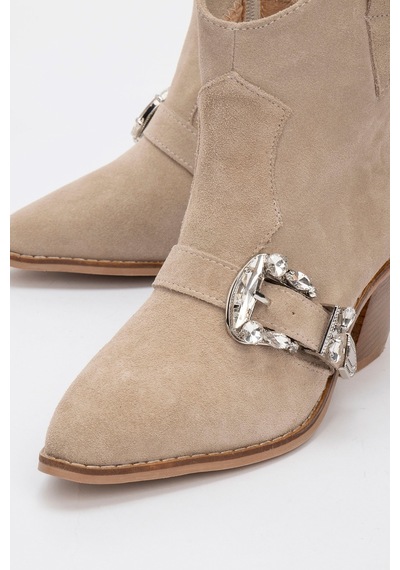 Luvishoes Luvi Shoes Any Bej Taşlı Hakiki Deri Süet Kadın Topuklu Bot Bej Süet