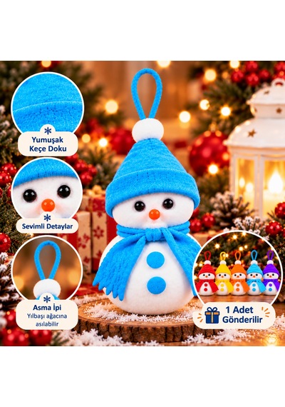 Bakgelal Yılbaşı Ağacı Süsü Kardan Adam Figürlü 16 Cm Keçe Şapkalı Ve Atkılı Asılabilir Dekoratif Süs Mavi Şapkalı - 9093691700602