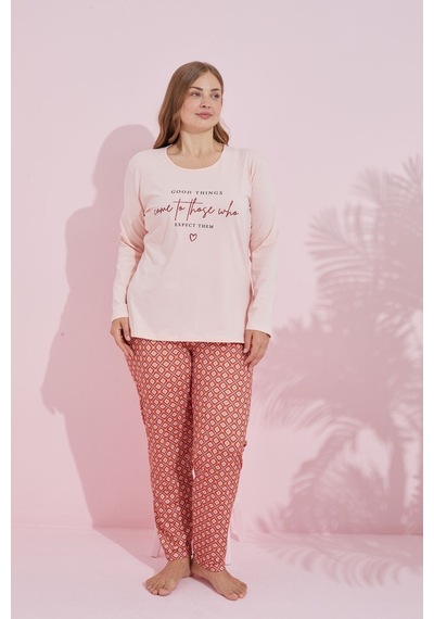 Siyah İnci Pamuklu Curve Büyük Beden Battal Boy Örme Pijama Takım24240735 Somon