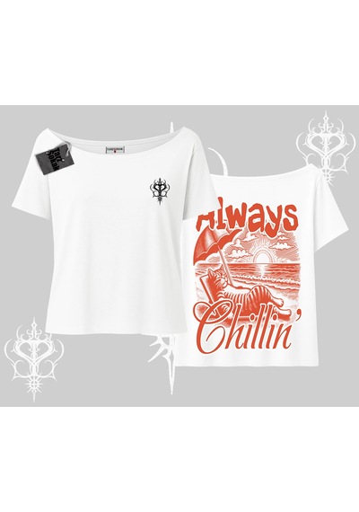 Tarzsokak Always Chillin Kedi Arka Baskılı Kayık Yaka Tshirt Beyaz