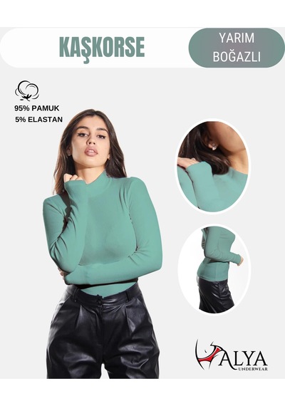 Alya Underwear Kaşkorse Yarım Boğaz Body Sweatshirt, Fitilli Kumaş, Likralı, Bordo Okaliptus