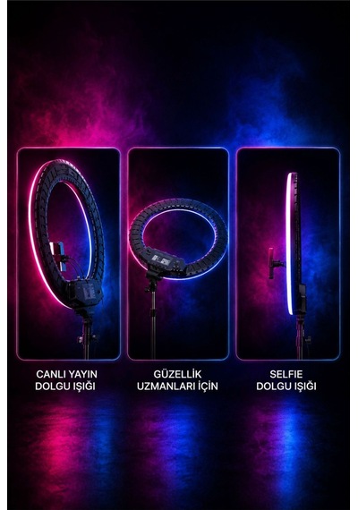 21 İnç Rgb Led Halka Işık, 3 Telefon Tutuculu, Uzaktan Kumandalı, Tiktok Youtube Makyaj Ring Light