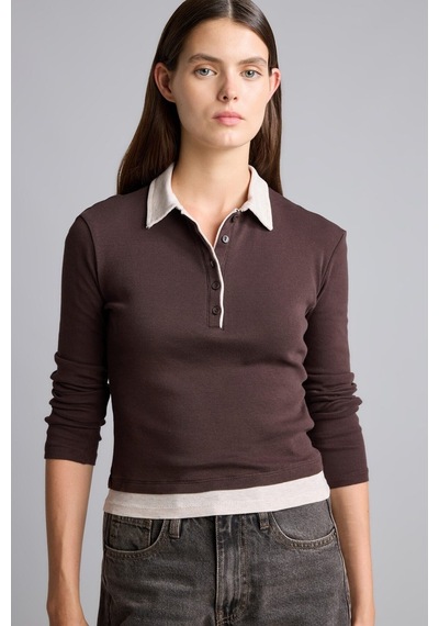 Defacto Slim Fit Kontrast Polo Yaka Ribana Uzun Kollu Basic Tişört I2637ax26aubn340 Kahve-bn340