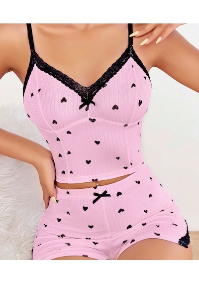Jhena Siyah Şerit Detaylı Kadın Gecelik Takım, Rahat Ev Giyim Pijama Takım, Siyah - Fuşya