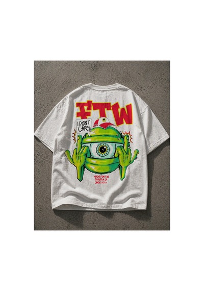 Yolo Street Unisex Oversize Beyaz Tişört Ftw Tek Göz Grafik Baskılı Pamuk Streetwear Beyaz3