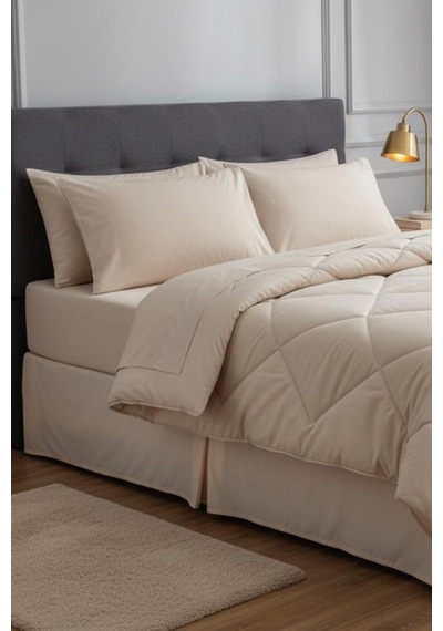 Satin Pollysaten Comforter Çift Kişilik Yorgan Seti Bej Bej