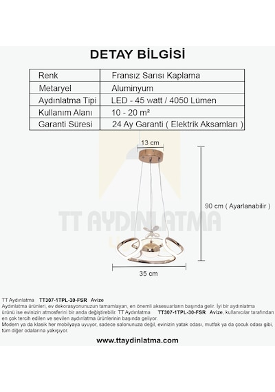 Tt Aydınlatma Fransız Sarısı Tek Toplu 3 Renk Modüllü Led Avize Sarı