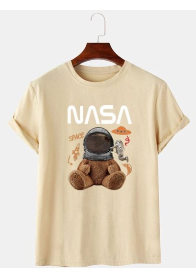 Flood Of Style Unisex Beyaz Ayıcık Nasa Tshirt Bej