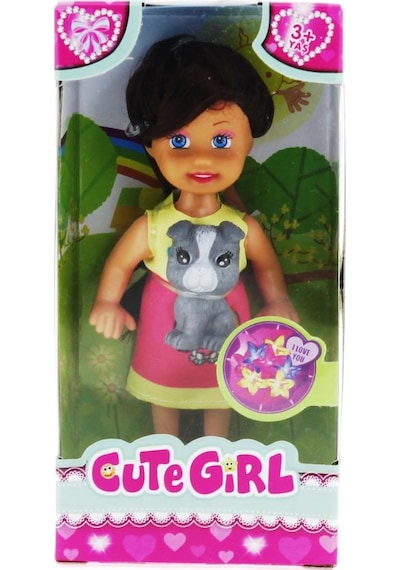 Cute Girl Gri Köpekli Ve Kumral Mini Bebek