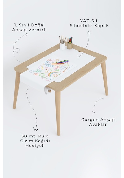 Ahşap Oyun Aktivite Masası Suya Karşı Dayanıklı 2 Adet Ahşap Sandalyeli Çok Renkli