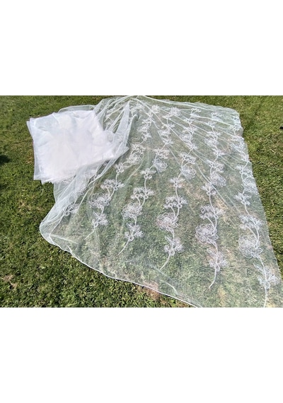 Gül Desenli İşlemeli Tül Perde Beyaz 2,85X12M