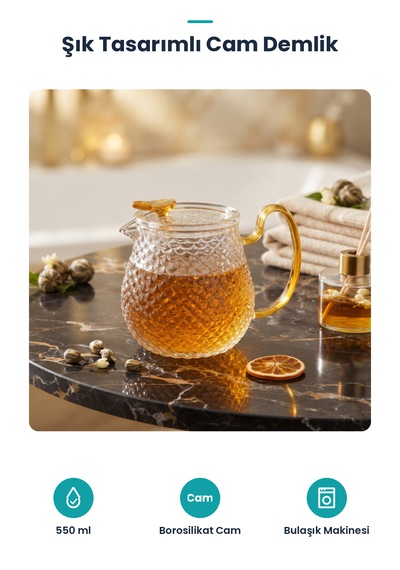 Şık Tasarımlı Cam Demlik - 550 Ml - Borosilikat Cam Şeffaf