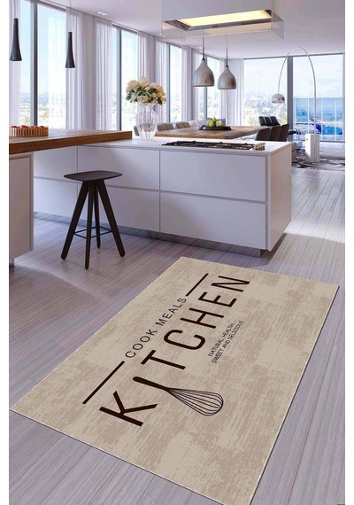 Bej Kaymaz Taban Yıkanan Kitchen Yazılı Mutfak Halısı Ar794