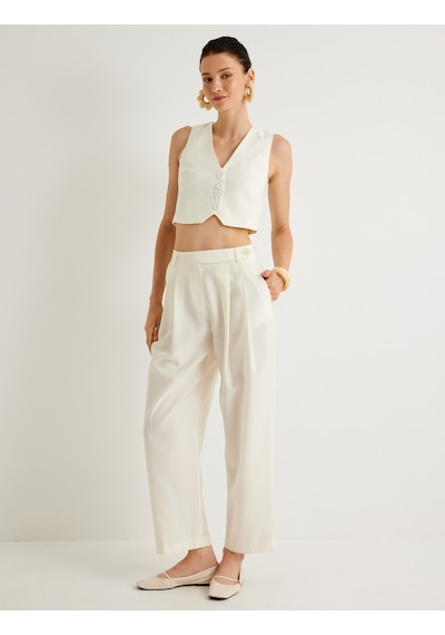 Koton Koton X Melis Ağazat - Crop Yelek V Yaka Tencel Kumaş Kırık Beyaz 4sak20094pw Ekru