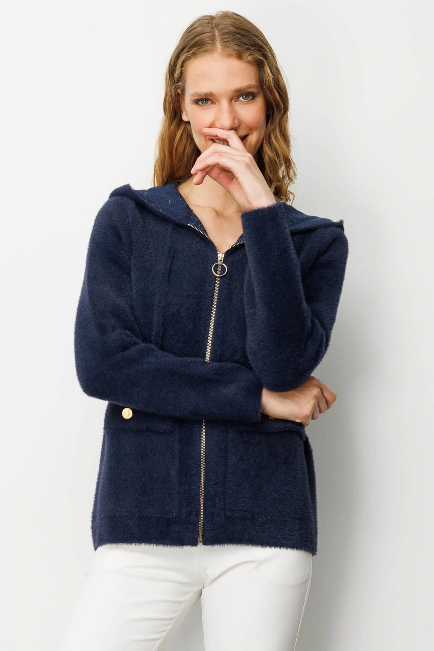 Kadın Kapüşonlu Fermuarlı Kısa Triko Sweatshirt Lacivert Lacivert