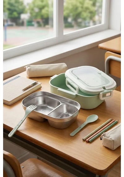 2 Bölmeli Kaşık Çatallı Paslanmaz Çelik Yemek Kabı Lunch Box Sefer Tası Beslenme Kabı Yeşil