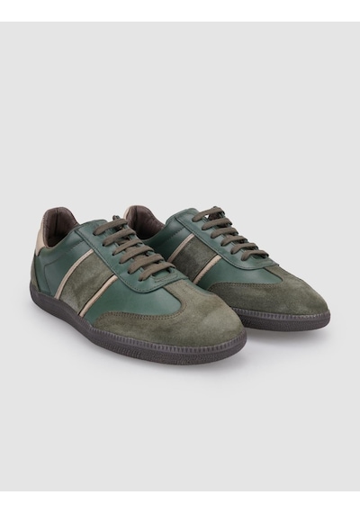 %100 Hakiki Deri Haki Bağcıklı Kadın Sneaker Haki