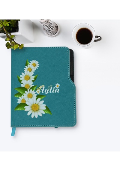 Kişiye Özel Papatya Temalı Turkuaz Termo Deri Defter-8