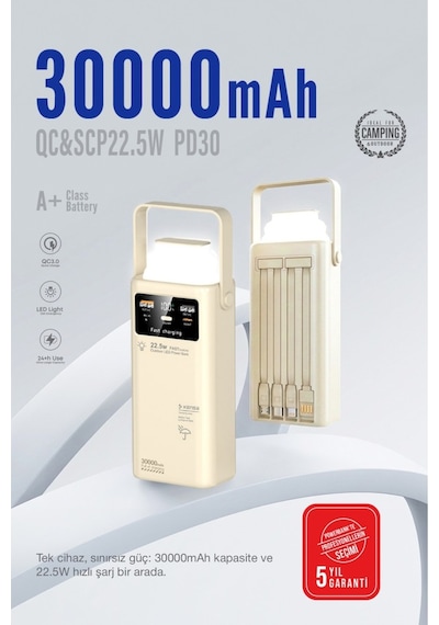 30.000 Mah Outdoor Led Işıklı Hızlı Şarj Powerbank Usb-c & Çoklu Cihaz Desteği Beyaz