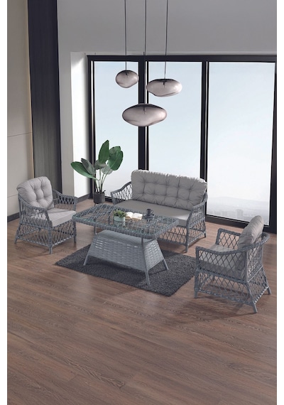 Icon Rattan Bahçe Balkon Oturma Takımı 2+1+1+camlı Masa Gri Gri