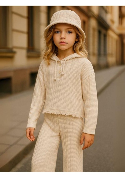 Zekids Kız Çocuk Pamuklu Dokulu Kumaş Pantolon-16224 Krem