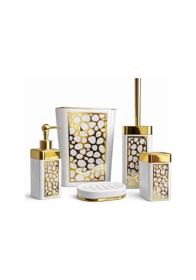 Arvale Pleksi Gold Detaylı 5 Li Banyo Aksesuar Seti Beyaz