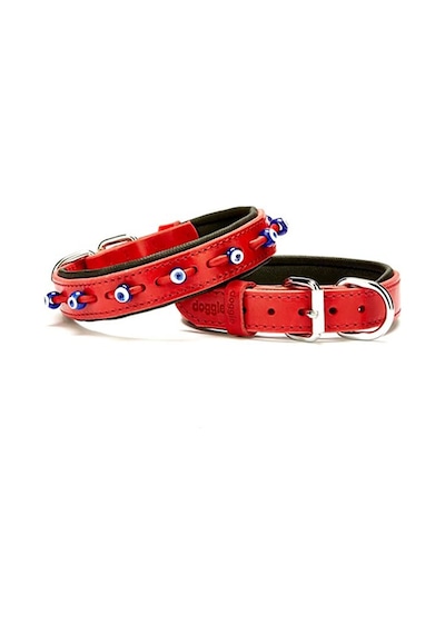 Doggie Comfort Deri Nazar Boncuklu Köpek Boyun Tasması M Kırmızı 2.5 x 37-45 CM Kırmızı