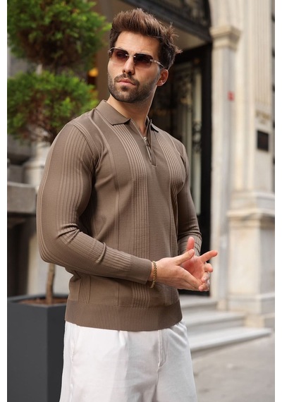 Madmext Açık Kahve Polo Yaka Slim Fit Erkek Triko Kazak E7527 Açık Kahverengi