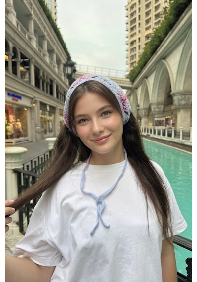 Kadın Kelebek Desenli Örgü Yazlık Bandana Triko Saç Aksesuarı Lila Pembe