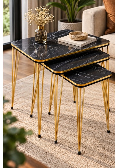 Sulorahome Siyah Mermer Desenli Gold Bendir Tel Zigon Sehpa Seti