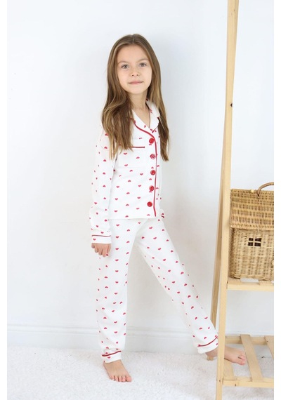 Kız Çocuk Kırmızı Kalpli Pamuklu Pijama Takımı - Uzun Kollu Düğmeli Rahat Takım Kırmızı