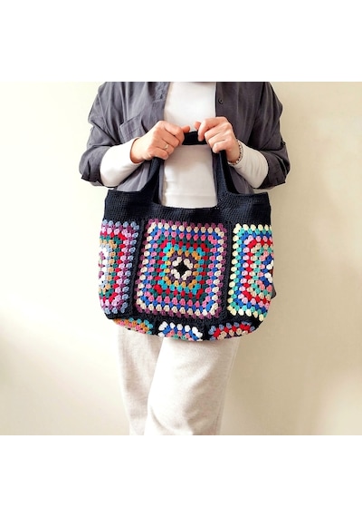 Kemzey Handmade El Yapımı Siyah Tote , Nostaljik Kareli Örgü Çanta Çok Renkli Sarı